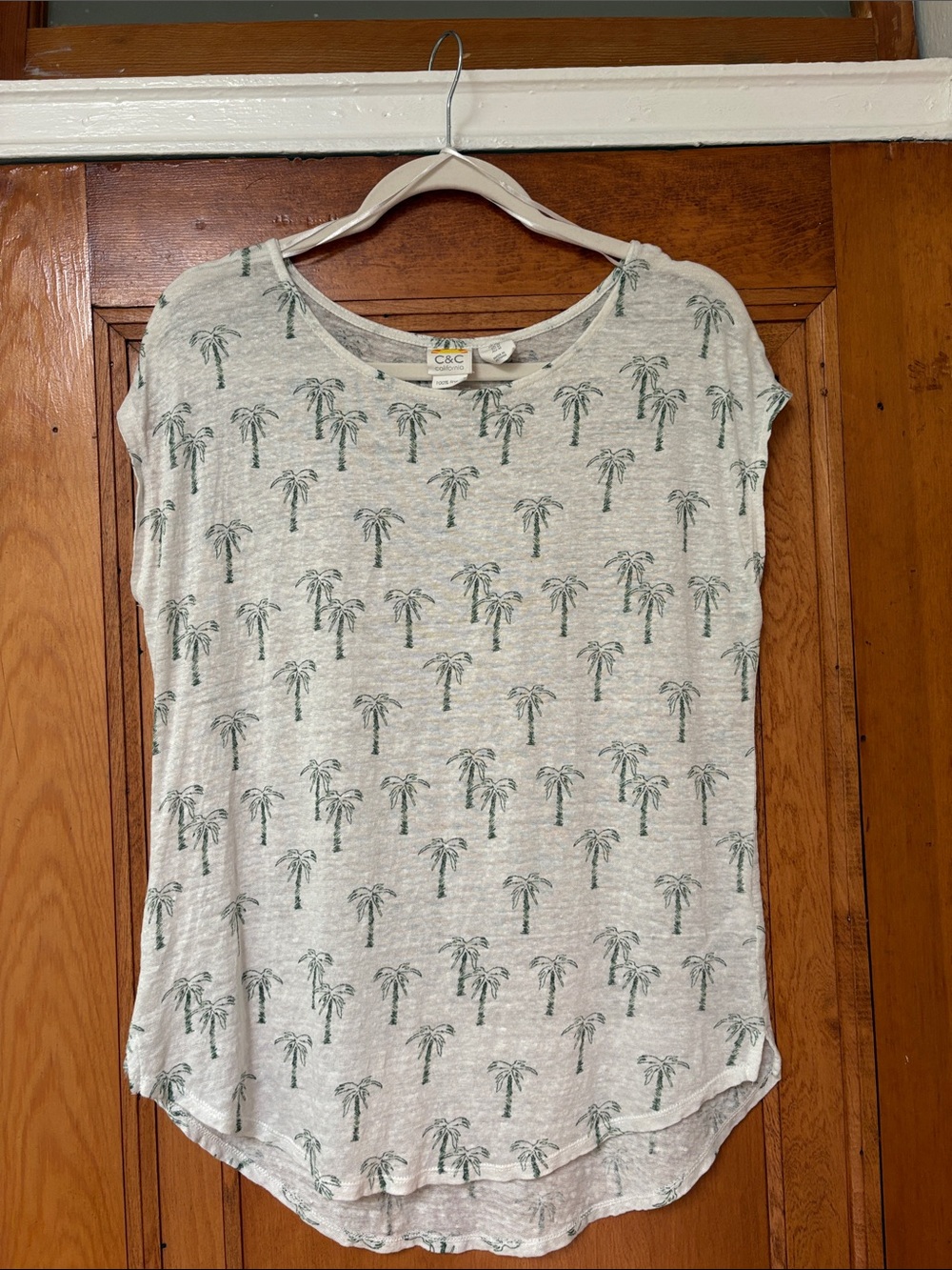 C&C California Women's Green Palm Linen Print Tee Medium